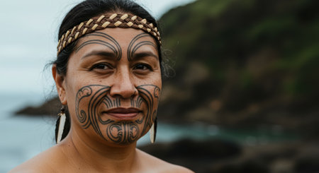 Portrait of a smiling native woman with tribal face painting at the beach.の素材