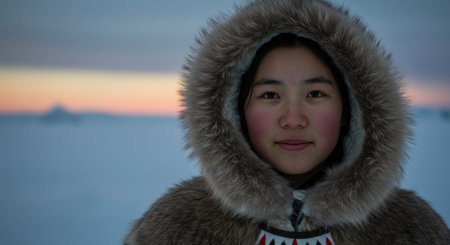 Portrait of a beautiful Asian woman in winter clothes at sunsetの素材