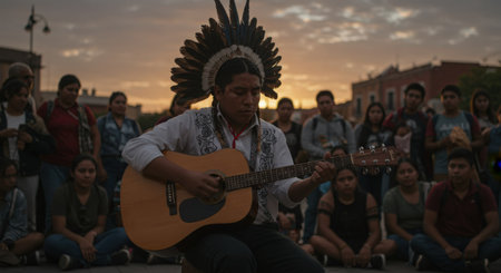 Native american man playing the guitar in Cartagena, Colombiaの素材