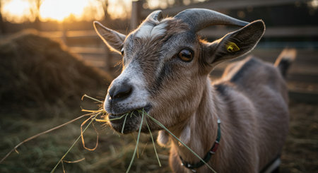 Portrait of a goat eating grass in the farm at sunset.の素材