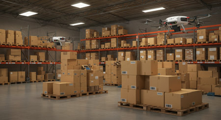 3d rendering of a drone flying over a warehouse with cardboard boxesの素材