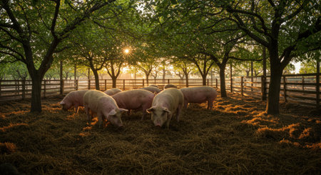 Piglets in a paddock at sunset with trees in the backgroundの素材