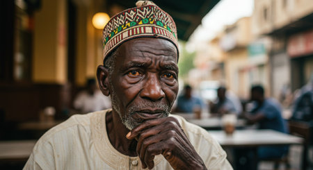 Old man in a cafe. Portrait of an elderly African man.の素材