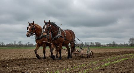 Horses in a plowed field with a plow in springの素材