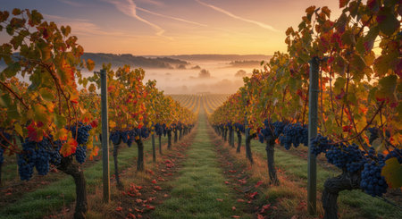 Landscape of vineyard at sunrise in autumn with fog in the backgroundの素材