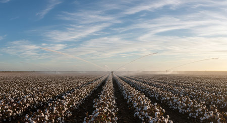 Cotton plantation with irrigation system at sunrise in cotton field in autumnの素材
