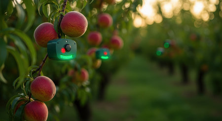 Peach tree with ripe red peaches in orchard at sunsetの素材