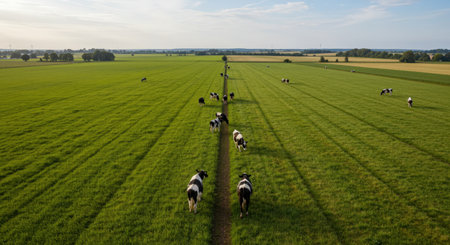 Aerial view of cows grazing on a green meadow in the Netherlandsの素材
