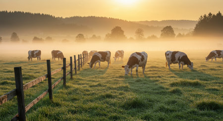 Cows grazing in a meadow in the morning mist at sunriseの素材
