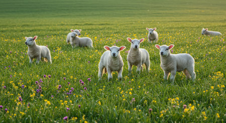 Herd of sheep grazing on a green meadow in spring.の素材