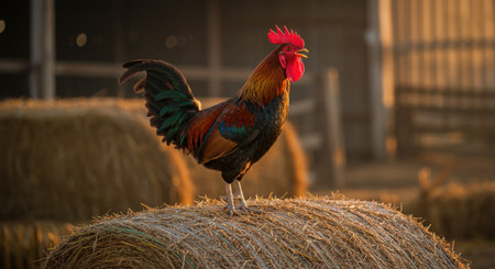 Colorful rooster standing on there are bales in a farm.の素材