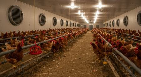 Chickens in a poultry farm. Chickens in a chicken coop.の素材