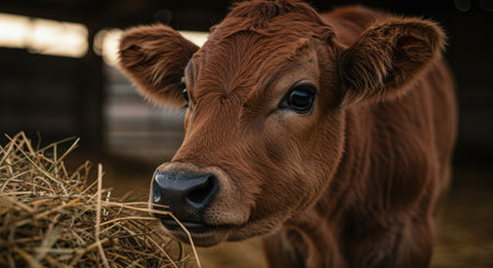 Portrait of a young brown calf in a barn on a farmの素材