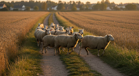 Sheep herd walking along a country road in the middle of a fieldの素材