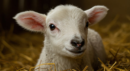 Close up of a white lamb in a barn, shot in natural lightの素材