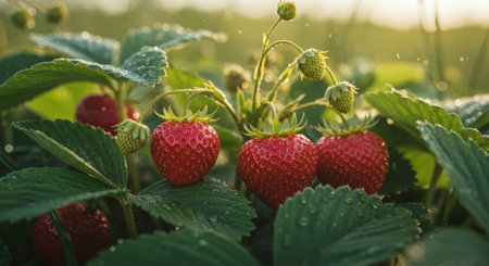 Strawberry field in the morning. Close-up of a strawberry growing in the field.の素材