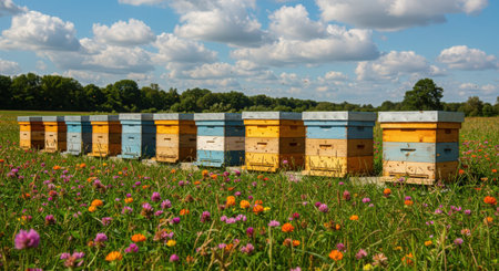 Beehives in a meadow with flowers and clouds in the backgroundの素材