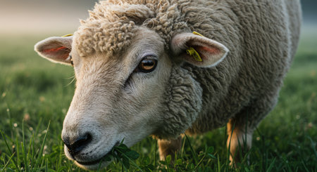 Sheep on the meadow in the morning, close-upの素材