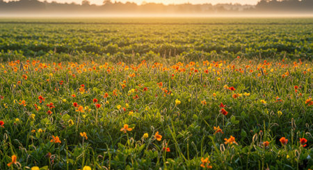 Poppies in a field at sunrise in spring, Almere, Flevoland, The Netherlandsの素材