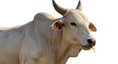 Close up of a white cow eating grass isolated on white background.の素材