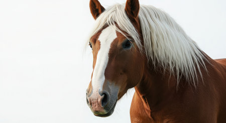 Portrait of a chestnut horse on a white background in winterの素材