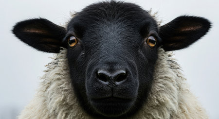 Close-up of a black and white sheep looking at the cameraの素材