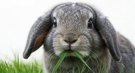 Rabbit eating grass on green meadow, close-up.の素材