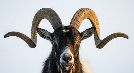 Close-up portrait of a goat with horns on a white backgroundの素材