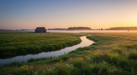 Sunrise over a meadow with wildflowers and a barn in the backgroundの素材