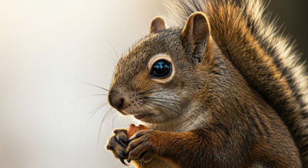 Close up of a gray squirrel with a nut in its mouth.の素材