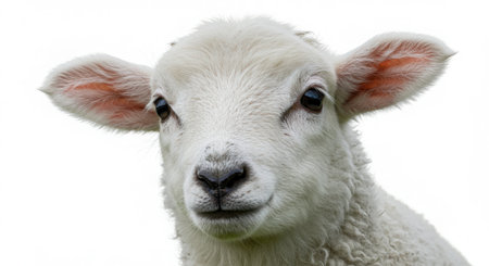 Close up of a white lamb looking at the camera on a white backgroundの素材