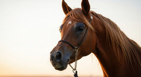 Close-up portrait of a beautiful bay horse in the field at sunsetの素材