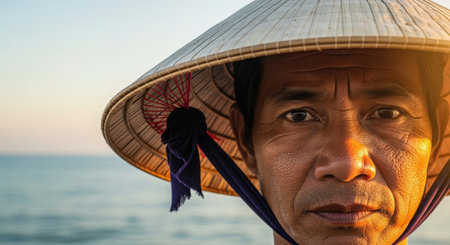 Asian old man wearing traditional Vietnamese hat on the beach at sunset.の素材