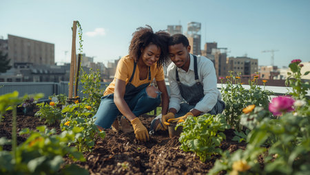 African american couple planting flowers in the garden on a sunny dayの素材