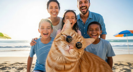 Portrait of happy family with cat at beach on a sunny dayの素材