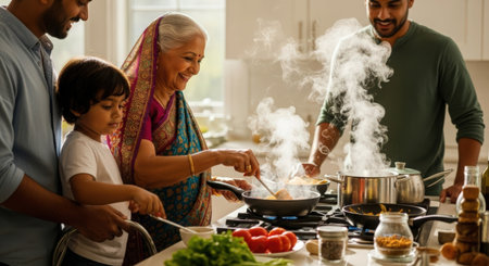 Happy Indian family cooking together in the kitchen at home. They are having fun while preparing food.の素材