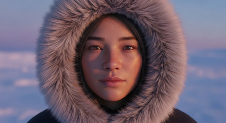 Portrait of a beautiful young woman in a winter jacket with a fur hoodの素材