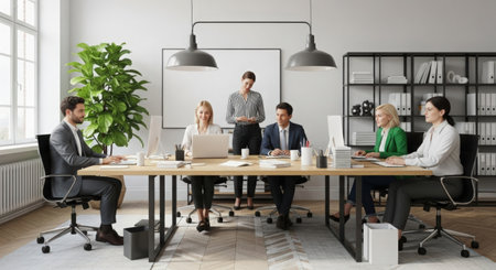 Group of business people working together in modern office, panorama with copy spaceの素材