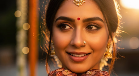 Close-up portrait of a beautiful Indian woman in traditional dress, smiling.の素材