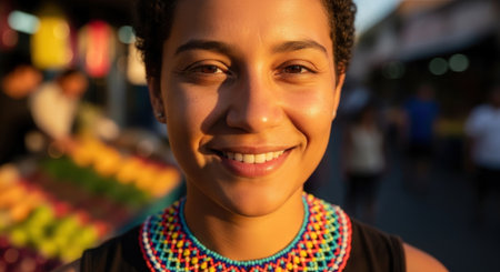 Portrait of smiling African American woman at street food marketの素材