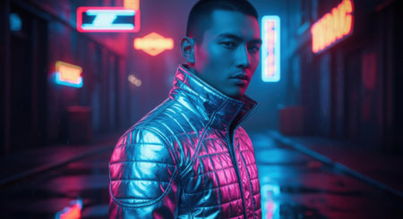 Portrait of a futuristic man with neon lights on the background.の素材