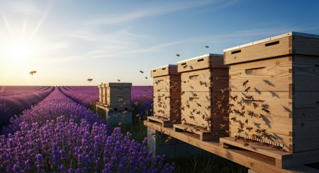 Beehives in a lavender field at sunset. 3d renderの素材
