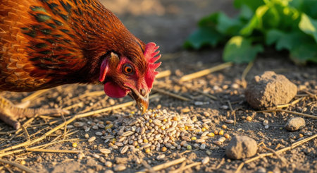 Chickens eat sunflower seeds in the garden. Selective focus.の素材
