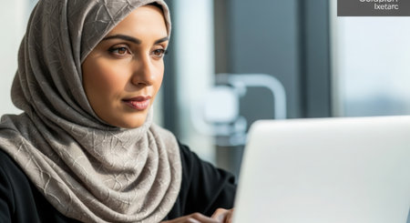 portrait of muslim businesswoman in hijab using laptop in officeの素材