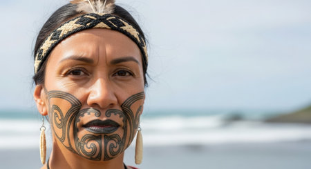 Close-up portrait of beautiful Asian woman with black face painting on the beachの素材