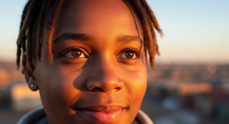 Close up of african american girl smiling at camera on rooftopの素材