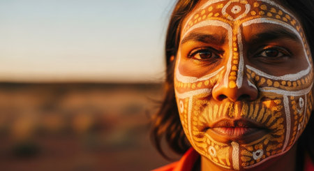 Indian woman with face painting on her face at sunset in the desertの素材