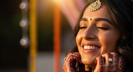beautiful indian girl smiling and looking at camera with earringsの素材