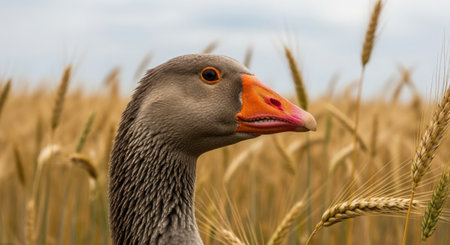 Close-up of the head of a goose in a wheat fieldの素材
