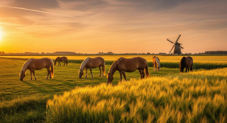 Horses grazing in a green meadow with a windmill in the backgroundの素材